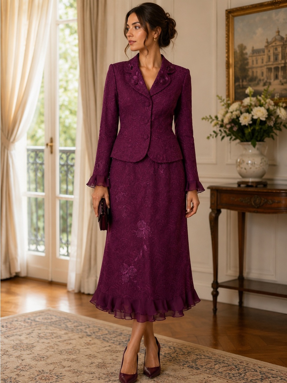 Plaza South Petite VTG Rose Jacquard Embroidered Skirt Suit Jacket Midi